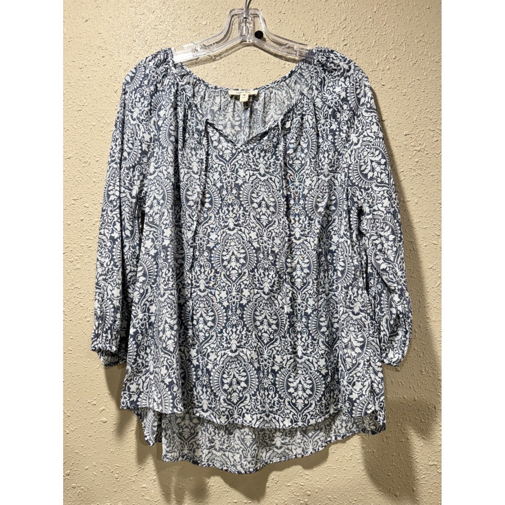 Como Blu Womens Blue White Paisley Damask Print Tie Neck Peasant Blouse M